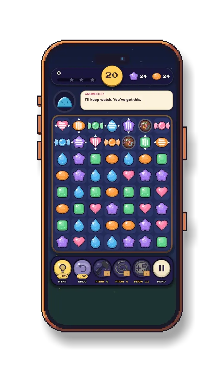 MallowDrop: game board with drops, hearts and moss