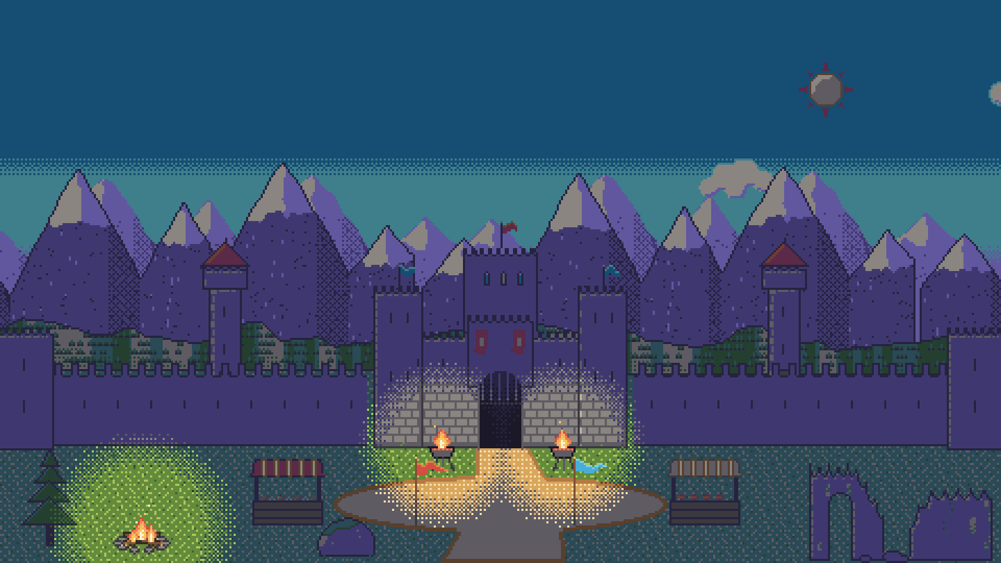 Pixelgrafik: Festung mit Fackeln in der Nacht